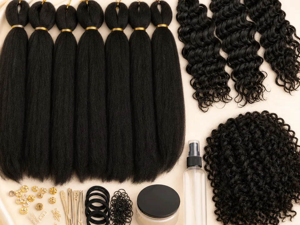 Boho braid kit with braiding hair, curly pieces, and care items, alternate product view 1