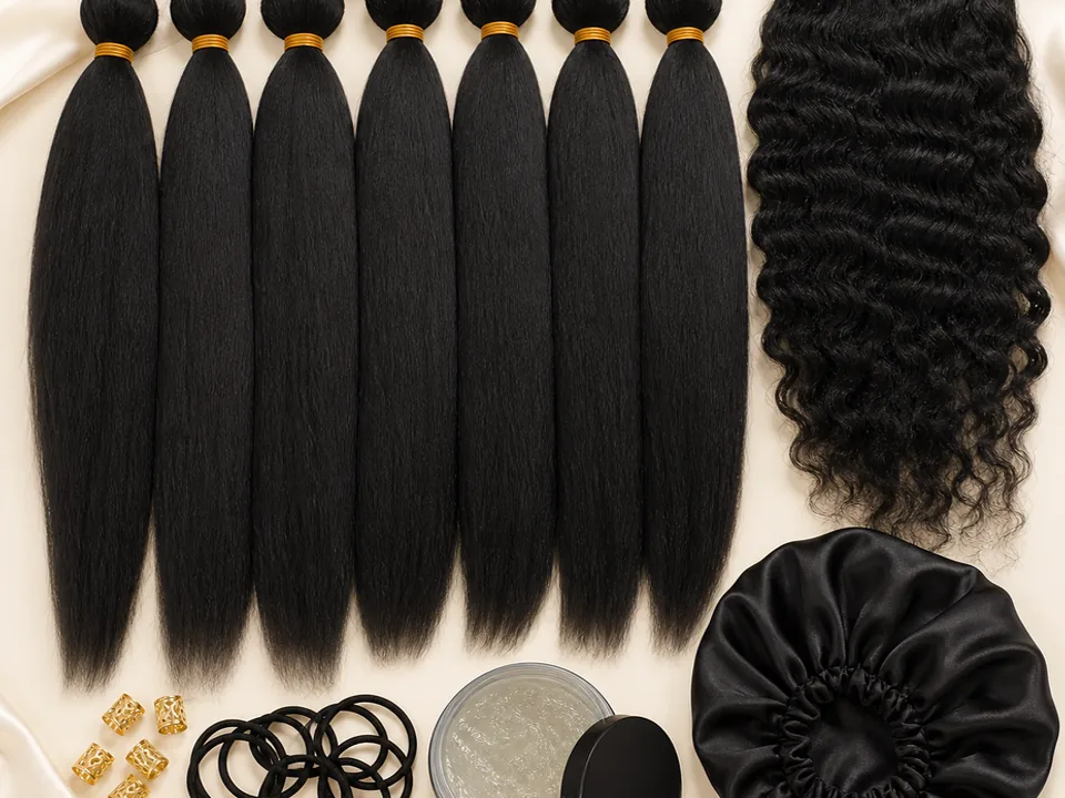 Braiding hair kit with natural black braiding hair and care accessories, alternate product view 1
