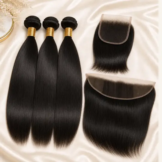 Straight bundle deal with natural black hair bundles, closure, and frontal, alternate product view 1