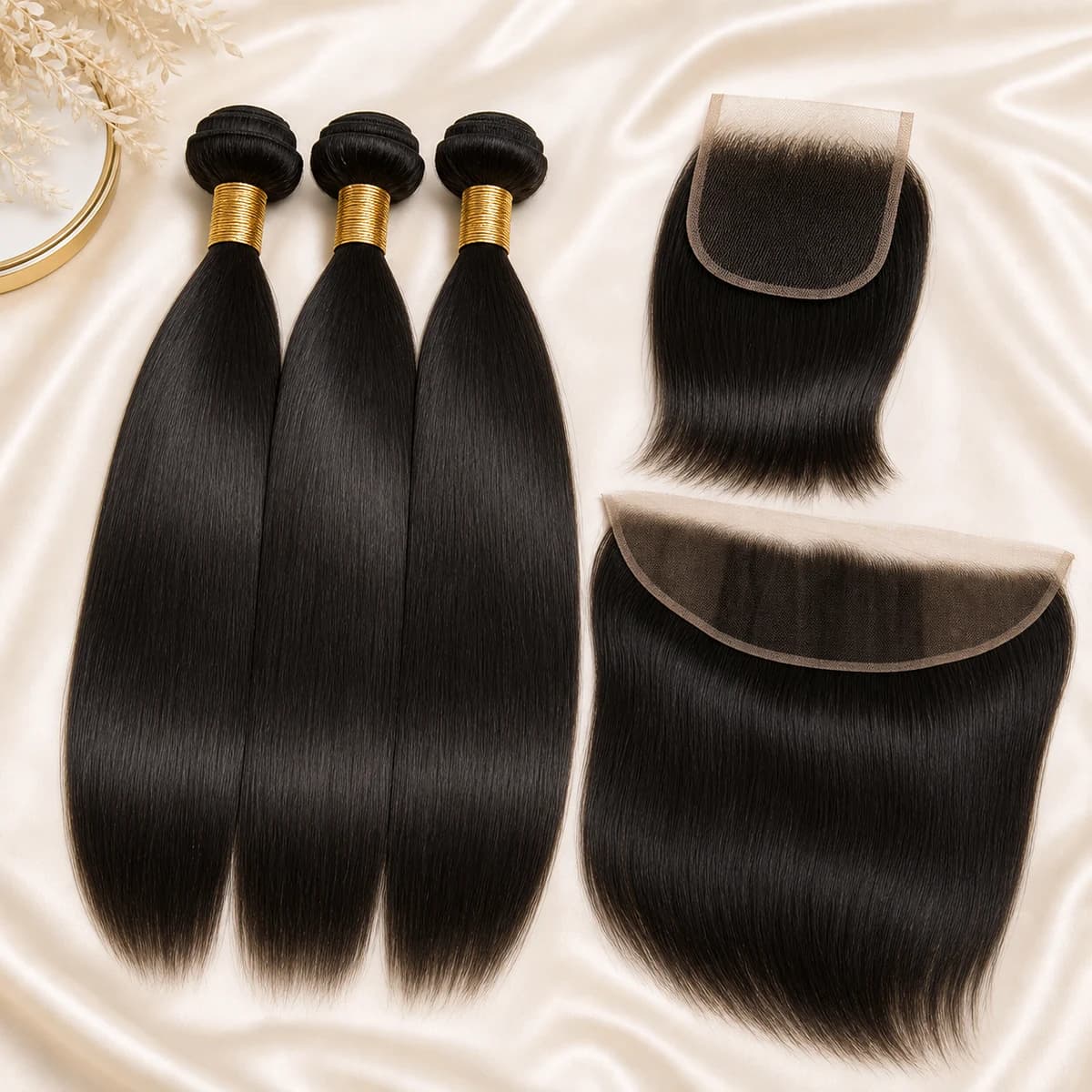 Straight bundle deal with natural black hair bundles, closure, and frontal