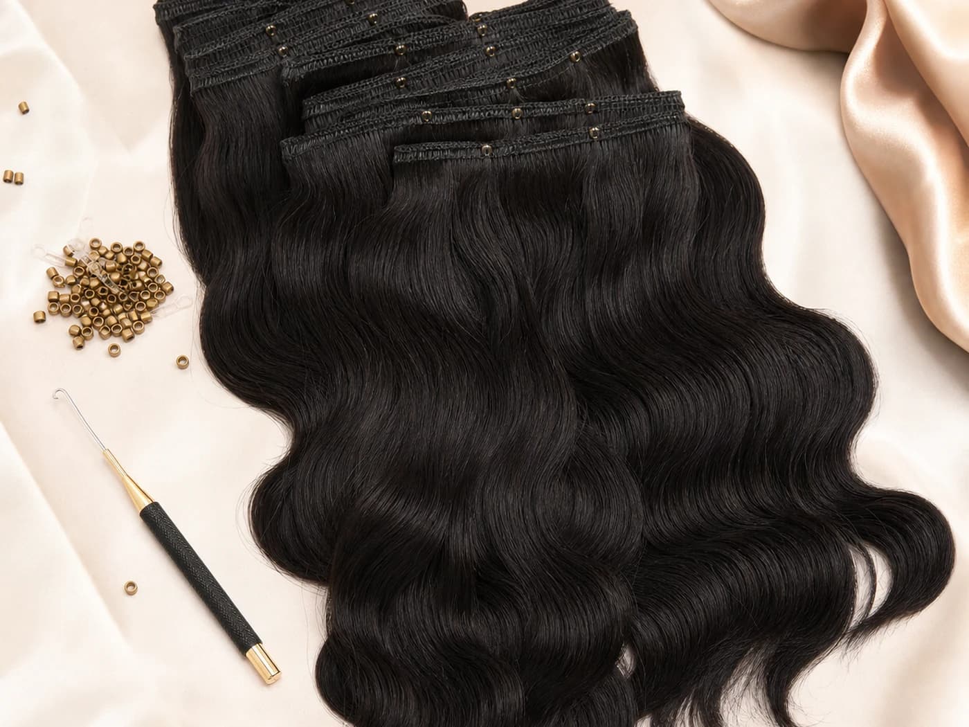 Microlink weft extension set with natural black wefted hair and install tools